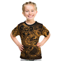 Aotearoa Maori Hei Tiki Kid T Shirt Koura Kowhaiwhai Puhoro Motif LT9 Gold - Polynesian Pride