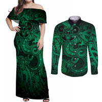 Aotearoa Maori Hei Tiki Couples Matching Off Shoulder Maxi Dress and Long Sleeve Button Shirt Kakariki Kowhaiwhai Puhoro Motif