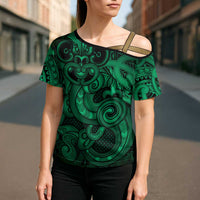 Aotearoa Maori Hei Tiki Cross Shoulder Shirt Kakariki Kowhaiwhai Puhoro Motif LT9 - Polynesian Pride