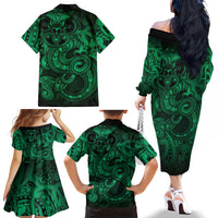 Aotearoa Maori Hei Tiki Family Matching Off The Shoulder Long Sleeve Dress and Hawaiian Shirt Kakariki Kowhaiwhai Puhoro Motif LT9 - Polynesian Pride