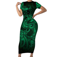 Aotearoa Maori Hei Tiki Family Matching Short Sleeve Bodycon Dress and Hawaiian Shirt Kakariki Kowhaiwhai Puhoro Motif LT9 Mom's Dress Green - Polynesian Pride