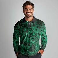 Aotearoa Maori Hei Tiki Long Sleeve Polo Shirt Kakariki Kowhaiwhai Puhoro Motif