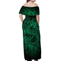 Aotearoa Maori Hei Tiki Off Shoulder Maxi Dress Kakariki Kowhaiwhai Puhoro Motif