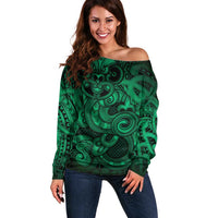 Aotearoa Maori Hei Tiki Off Shoulder Sweater Kakariki Kowhaiwhai Puhoro Motif