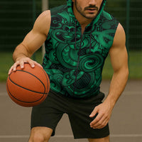Aotearoa Maori Hei Tiki Sleeveless Zip Hoodie Kakariki Kowhaiwhai Puhoro Motif