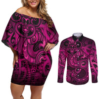 Aotearoa Maori Hei Tiki Couples Matching Off Shoulder Short Dress and Long Sleeve Button Shirt Mawhero Kowhaiwhai Puhoro Motif
