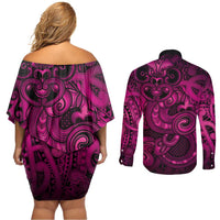 Aotearoa Maori Hei Tiki Couples Matching Off Shoulder Short Dress and Long Sleeve Button Shirt Mawhero Kowhaiwhai Puhoro Motif