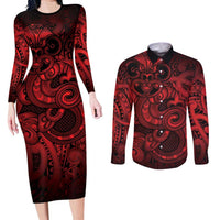 Aotearoa Maori Hei Tiki Couples Matching Long Sleeve Bodycon Dress and Long Sleeve Button Shirt Whero Kowhaiwhai Puhoro Motif LT9 Red - Polynesian Pride