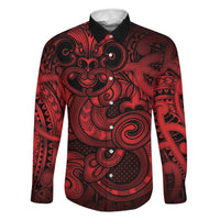 Aotearoa Maori Hei Tiki Family Matching Off Shoulder Maxi Dress and Hawaiian Shirt Whero Kowhaiwhai Puhoro Motif LT9 Dad's Shirt - Long Sleeve Red - Polynesian Pride