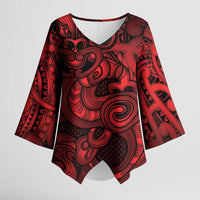 Aotearoa Maori Hei Tiki Kimono Sleeve Blouse Whero Kowhaiwhai Puhoro Motif LT9 Female Red - Polynesian Pride