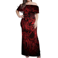 Aotearoa Maori Hei Tiki Off Shoulder Maxi Dress Whero Kowhaiwhai Puhoro Motif