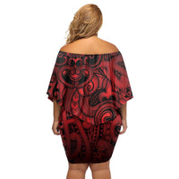 Aotearoa Maori Hei Tiki Off Shoulder Short Dress Whero Kowhaiwhai Puhoro Motif LT9 - Polynesian Pride