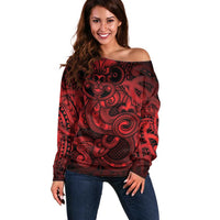 Aotearoa Maori Hei Tiki Off Shoulder Sweater Whero Kowhaiwhai Puhoro Motif LT9 Women Red - Polynesian Pride