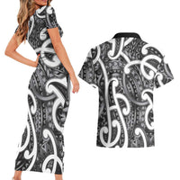 Aotearoa Maori Kowhaiwhai Couples Matching Short Sleeve Bodycon Dress and Hawaiian Shirt Kiwikiwi Puhoro and Patiki LT9 - Polynesian Pride