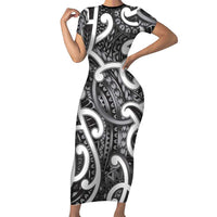 Aotearoa Maori Kowhaiwhai Family Matching Short Sleeve Bodycon Dress and Hawaiian Shirt Kiwikiwi Puhoro and Patiki LT9 Mom's Dress Grey - Polynesian Pride