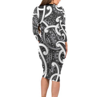 Aotearoa Maori Kowhaiwhai Long Sleeve Bodycon Dress Kiwikiwi Puhoro and Patiki