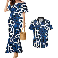 Aotearoa Maori Kowhaiwhai Couples Matching Mermaid Dress and Hawaiian Shirt Kikorangi Puhoro and Patiki LT9 Blue - Polynesian Pride