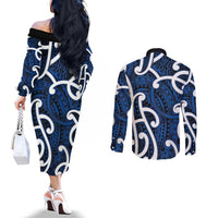 Aotearoa Maori Kowhaiwhai Couples Matching Off The Shoulder Long Sleeve Dress and Long Sleeve Button Shirt Kikorangi Puhoro and Patiki
