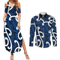 Aotearoa Maori Kowhaiwhai Couples Matching Summer Maxi Dress and Long Sleeve Button Shirt Kikorangi Puhoro and Patiki LT9 Blue - Polynesian Pride