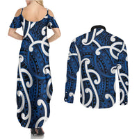 Aotearoa Maori Kowhaiwhai Couples Matching Summer Maxi Dress and Long Sleeve Button Shirt Kikorangi Puhoro and Patiki LT9 - Polynesian Pride