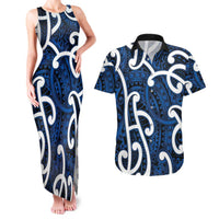 Aotearoa Maori Kowhaiwhai Couples Matching Tank Maxi Dress and Hawaiian Shirt Kikorangi Puhoro and Patiki