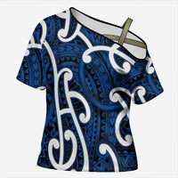 Aotearoa Maori Kowhaiwhai Cross Shoulder Shirt Kikorangi Puhoro and Patiki LT9 Female Blue - Polynesian Pride