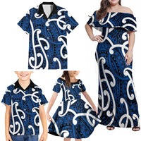Aotearoa Maori Kowhaiwhai Family Matching Off Shoulder Maxi Dress and Hawaiian Shirt Kikorangi Puhoro and Patiki LT9 - Polynesian Pride