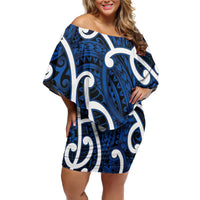 Aotearoa Maori Kowhaiwhai Off Shoulder Short Dress Kikorangi Puhoro and Patiki LT9 Women Blue - Polynesian Pride