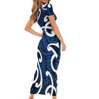 Aotearoa Maori Kowhaiwhai Short Sleeve Bodycon Dress Kikorangi Puhoro and Patiki LT9 - Polynesian Pride