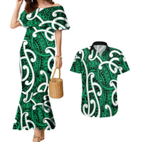 Aotearoa Maori Kowhaiwhai Couples Matching Mermaid Dress and Hawaiian Shirt Kakariki Puhoro and Patiki LT9 Green - Polynesian Pride