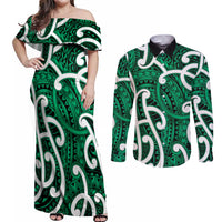 Aotearoa Maori Kowhaiwhai Couples Matching Off Shoulder Maxi Dress and Long Sleeve Button Shirt Kakariki Puhoro and Patiki LT9 Green - Polynesian Pride