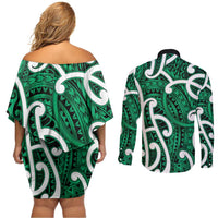 Aotearoa Maori Kowhaiwhai Couples Matching Off Shoulder Short Dress and Long Sleeve Button Shirt Kakariki Puhoro and Patiki LT9 - Polynesian Pride