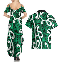 Aotearoa Maori Kowhaiwhai Couples Matching Summer Maxi Dress and Hawaiian Shirt Kakariki Puhoro and Patiki
