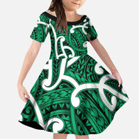 Aotearoa Maori Kowhaiwhai Family Matching Off The Shoulder Long Sleeve Dress and Hawaiian Shirt Kakariki Puhoro and Patiki LT9 Daughter's Dress Green - Polynesian Pride