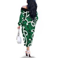 Aotearoa Maori Kowhaiwhai Family Matching Off The Shoulder Long Sleeve Dress and Hawaiian Shirt Kakariki Puhoro and Patiki LT9 - Polynesian Pride