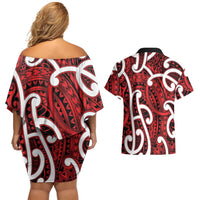 Aotearoa Maori Kowhaiwhai Couples Matching Off Shoulder Short Dress and Hawaiian Shirt Whero Puhoro and Patiki