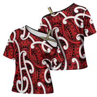 Aotearoa Maori Kowhaiwhai Cross Shoulder Shirt Whero Puhoro and Patiki LT9 - Polynesian Pride