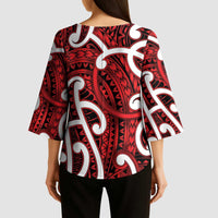 Aotearoa Maori Kowhaiwhai Kimono Sleeve Blouse Whero Puhoro and Patiki