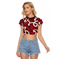 Aotearoa Maori Kowhaiwhai Raglan Cropped T Shirt Whero Puhoro and Patiki LT9 Female Red - Polynesian Pride