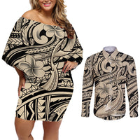 Polynesian Shark Tribal Tattoo Couples Matching Off Shoulder Short Dress and Long Sleeve Button Shirt Beige Style LT9 Beige - Polynesian Pride