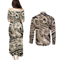 Polynesian Shark Tribal Tattoo Couples Matching Puletasi and Long Sleeve Button Shirt Beige Style