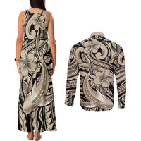 Polynesian Shark Tribal Tattoo Couples Matching Tank Maxi Dress and Long Sleeve Button Shirt Beige Style LT9 - Polynesian Pride