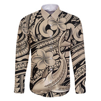 Polynesian Shark Tribal Tattoo Family Matching Off The Shoulder Long Sleeve Dress and Hawaiian Shirt Beige Style