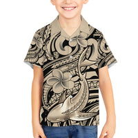 Polynesian Shark Tribal Tattoo Family Matching Off The Shoulder Long Sleeve Dress and Hawaiian Shirt Beige Style