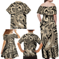 Polynesian Shark Tribal Tattoo Family Matching Off Shoulder Maxi Dress and Hawaiian Shirt Beige Style