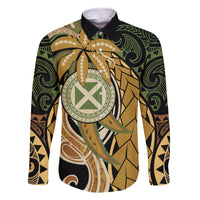 Wallis and Futuna Victory Day Family Matching Off Shoulder Short Dress and Hawaiian Shirt Since 1945 with Polynesian Platinum Floral Tribal LT9 Dad's Shirt - Long Sleeve Red - Polynesian Pride