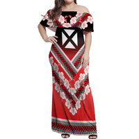 Personalised Wallis et Futuna Off Shoulder Maxi Dress Hibiscus and Polynesian Tribal Tattoos LT9 Women Red - Polynesian Pride