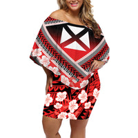 Personalised Wallis et Futuna Off Shoulder Short Dress Hibiscus and Polynesian Tribal Tattoos LT9 Women Red - Polynesian Pride