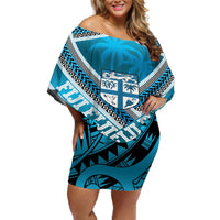 Custom Fiji Rugby Off Shoulder Short Dress Fijian Warrior With Polynesian Tribal Tattoos LT9 Women Blue - Polynesian Pride