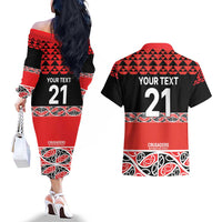 New Zealand Rugby Pacific Custom Couples Matching Off The Shoulder Long Sleeve Dress and Hawaiian Shirt Whatumoana Maori Kowhaiwhai Pattern